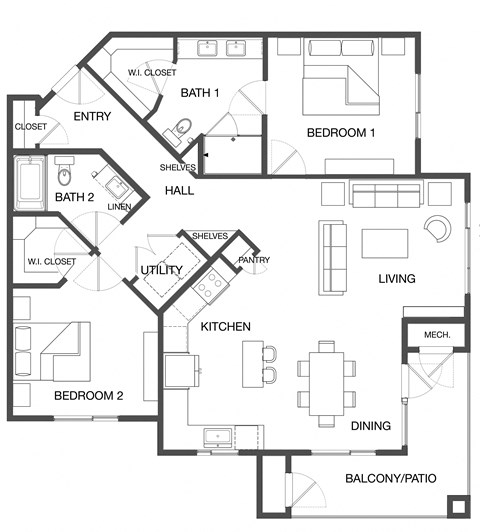 Floor plan for 2 beds, 2 baths, 1466 sqft